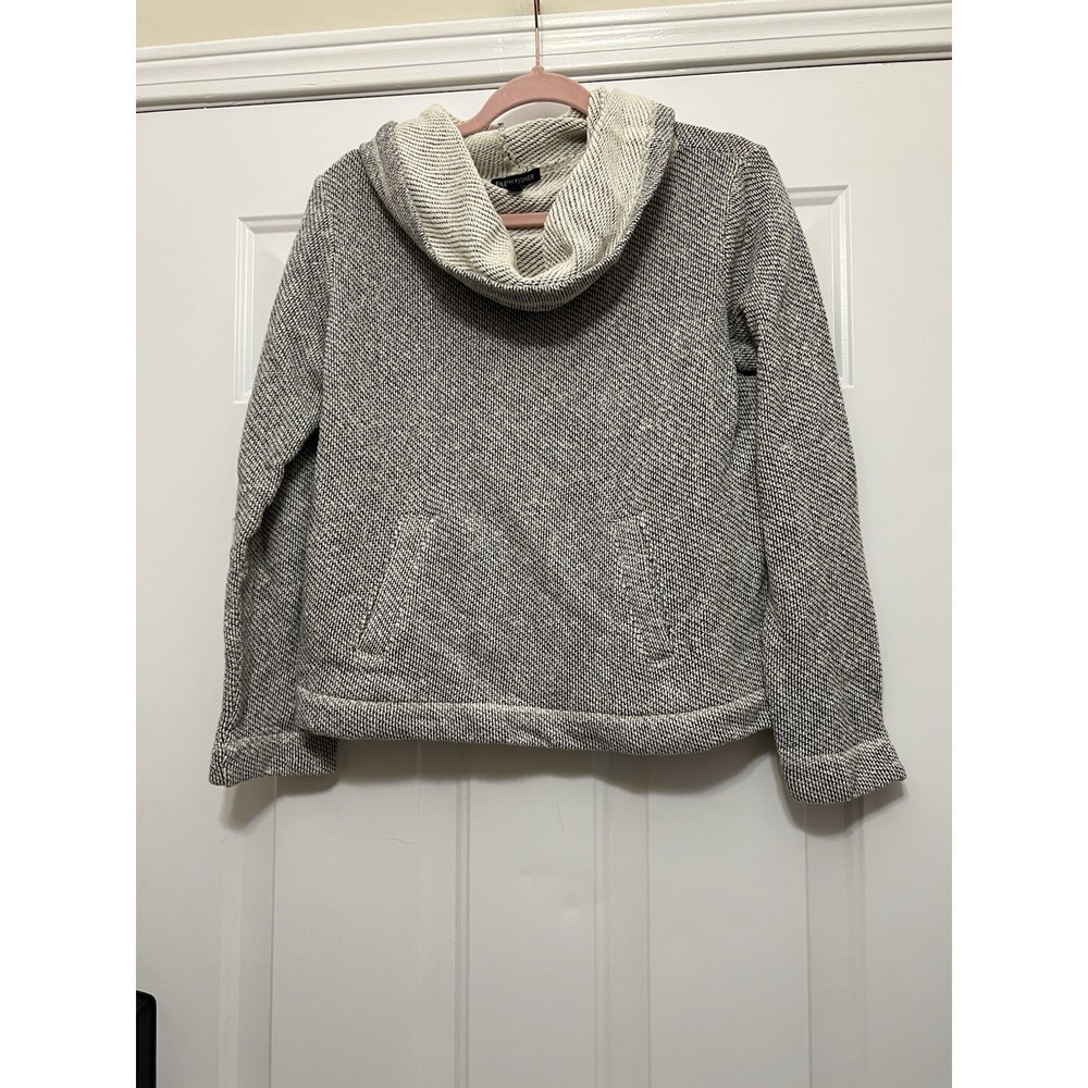 Eileen Fisher 100% Organic Cotton Sweater Women's XS Gray Beige Cowl Neck Pocket